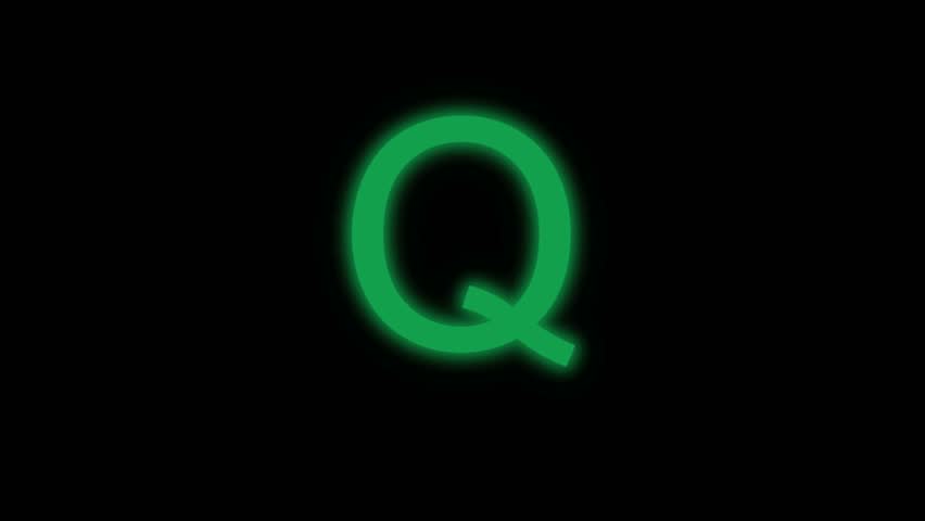 A bright glowing neon green letter Q flickers and slowly fades on a pure black background. Excellent for initials, logos, sci-fi titles, and futuristic text overlays.