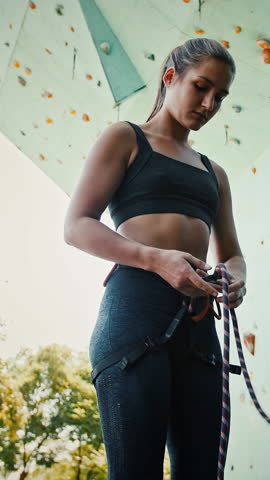 Female rock climber tying safety knot out of rope, preparing for climbing at outdoor gym rock