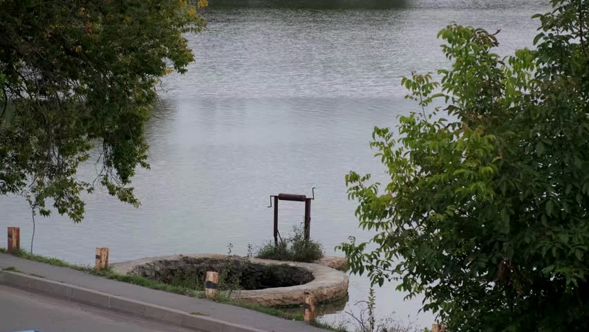 A view of a body of water with trees in the background