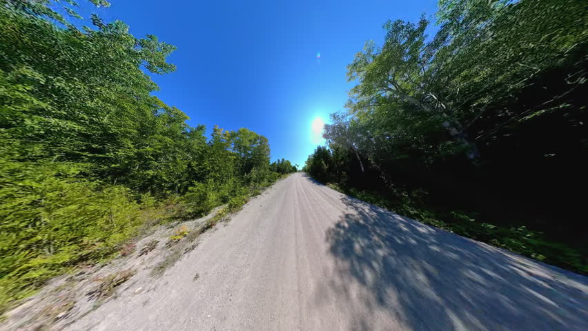 Straight country road back view driving plate POV, high side walls of lush trees. Driving car in country road at early fall in Manitoulin Island. Gibraltar Road near Lake Manitou, Ontario, Canada.