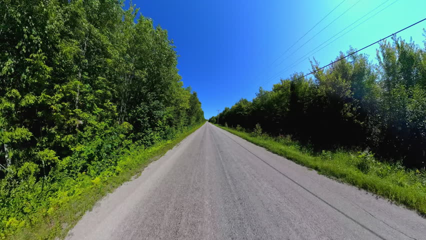 Straight country road back view driving plate POV, high side walls of lush trees. Driving car in country road at early fall in Manitoulin Island. Gibraltar Road near Lake Manitou, Ontario, Canada.