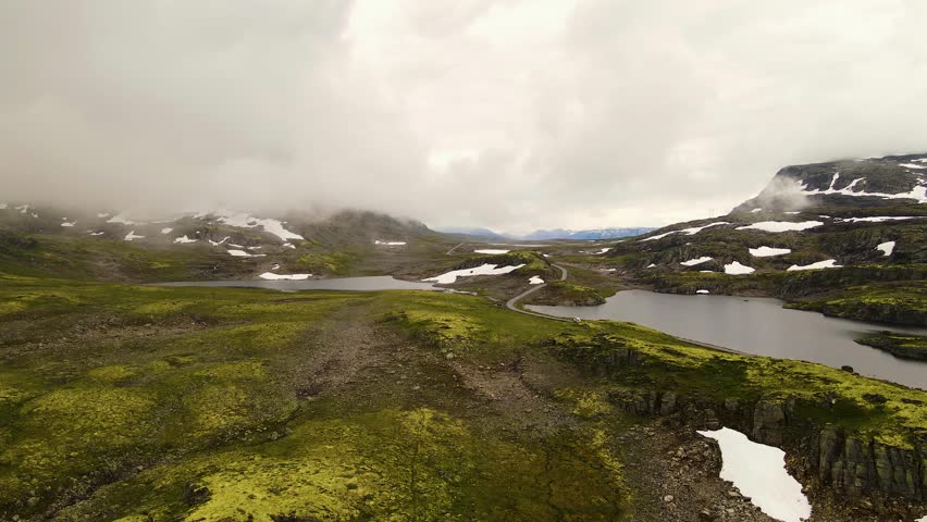 Aerial view of road between lakes, Norway.