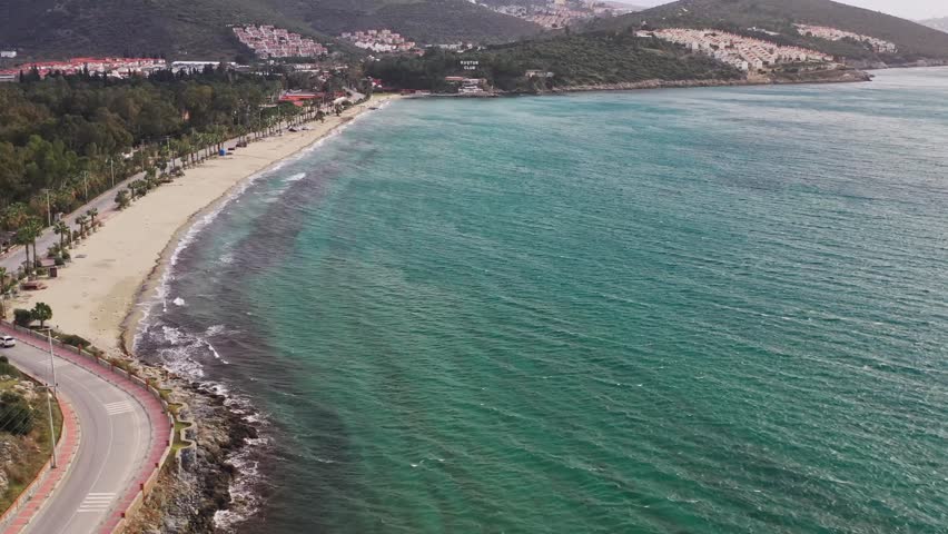 Aerial view of long Beach coastline, Turkiye.