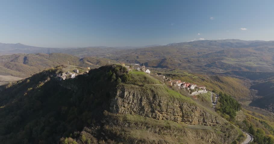 Aerial view of Cairano village on a hill, Italy.
