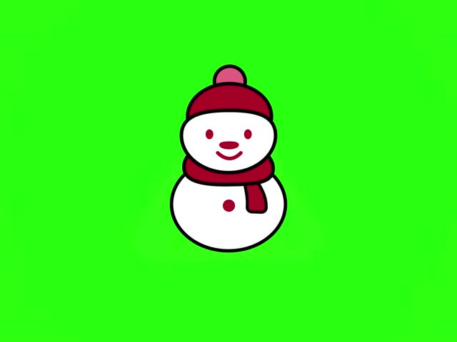 Adorable animated snowman icon wearing a winter hat and scarf, presented on a green screen background for easy chroma key removal. Perfect for Christmas videos, winter holiday promotions, etc.