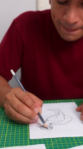Young man focused on his work, drawing a bird sketch with a graphite pencil on a piece of paper. The artist