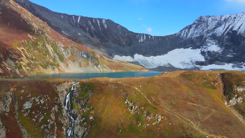 Aerial view of Ratti Gali lake and mountains, Pakistan.