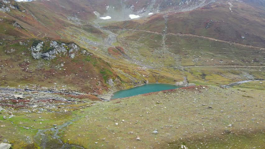 Aerial view of the lake and rocky landscape, Pakistan.