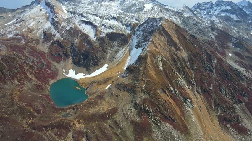 Aerial view of Ratti Gali lake and mountains, Pakistan.
