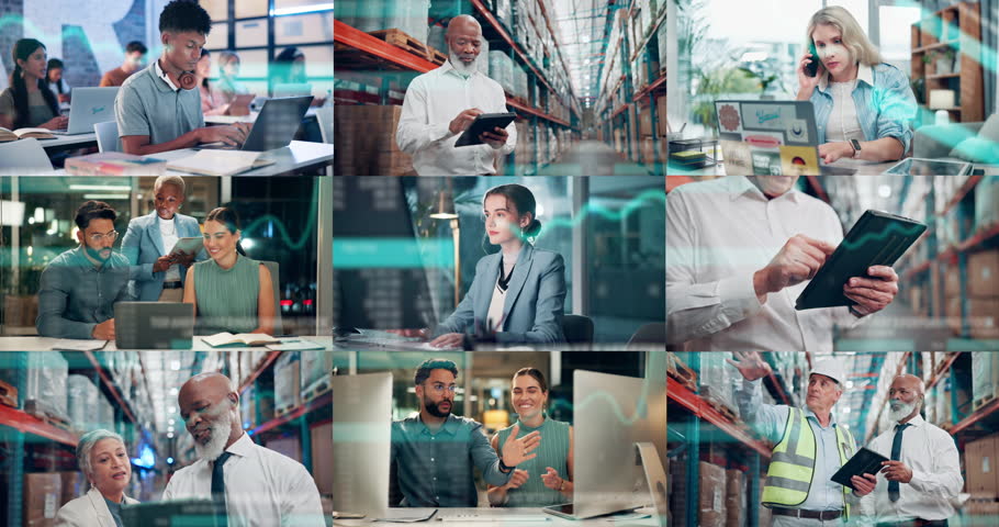 Technology, overlay and collage of business people in office for research, stock market or contact. Discussion, montage and employees with inventory list for distribution at warehouse with fintech.