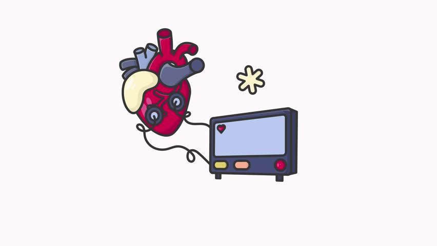 A looping animation of a cute cartoon heart character attached to an electrocardiogram machine showing a heartbeat, flatline, and revival. Isolated on a white background.