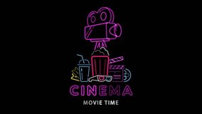 Cinema neon sign loop animation.  Cinema neon sign, movie camera, popcorn, and movie time text  a vibrant and lively image suitable for film promotions. - Powered by Shutterstock - Get 15% off with code: PIKWIZARD15