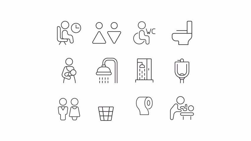 Animated toilet signs line icons. Public restrooms animation set. Lavatory equipment for hygiene. Trash collecting. Diapers change. Outline elements on white background. HD video with alpha channel