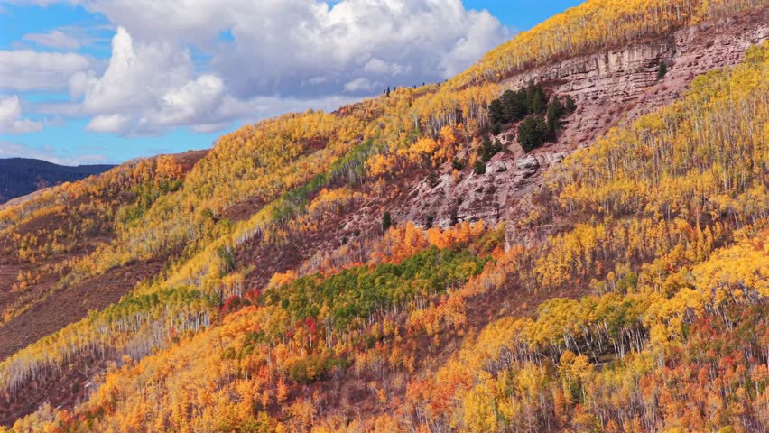 Vail Valley Vail Village Avon Beaver Creek Vail Pass aerial drone Colorado fall autumn Rocky Mountains hillside cliffs quaking Aspen Trees morning blue sky cliffs Piney Ranch forward pan up motion