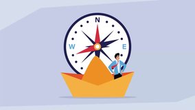 Business Navigation and Strategy: Businessman in a Paper Boat Guided by a Compass for Career Direction and Decision Making cartoon animation - Powered by Shutterstock - Get 15% off with code: PIKWIZARD15