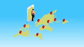 Global E-commerce and Logistics Concept: Delivery Man with Package Exiting Smartphone onto World Map with Location Pins 3d animation cartoon - Powered by Shutterstock - Get 15% off with code: PIKWIZARD15