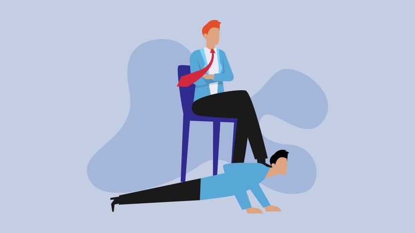 Workplace Domination and Exploitation Concept: Boss Sitting on Chair While Subordinate is Forced to do Push-ups Underfoot cartoon animation
