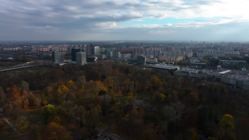 4K Aerial view of Bratislava city, showcasing the vibrant cityscape, historic old town, modern skyline, and the Danube River flowing through the capital. Slovakia_01