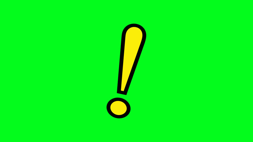 Epic exclamation mark animation in bright yellow color with bold dynamic movement on a green screen background. Perfect for alerts, highlights, attention-grabbing scenes, and motion graphic projects