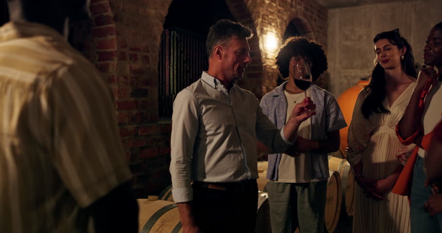Dark, sommelier and people in cellar with glass for wine tasting, inspection or winemaking conversation. Winery owner, group and check alcohol drink with discussion for knowledge, advice or learning.