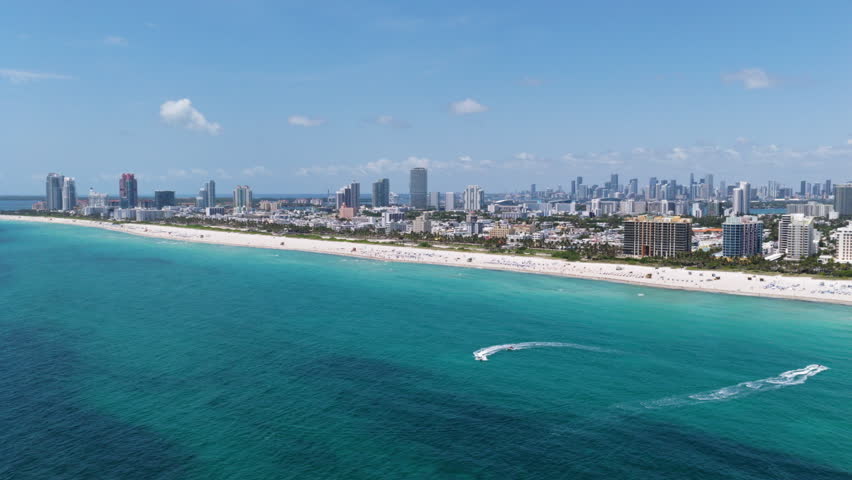 Aerial view of Miami beach and ocean. Miami coastline. Famous Miami skyline. Miami oceanfront line.