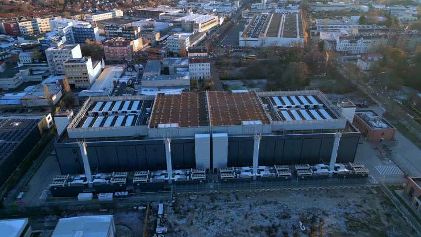 data center computing center, hyperscaler computer servers, cloud services and it services Building exterior. Gorgeous aerial view flight panorama orbit drone