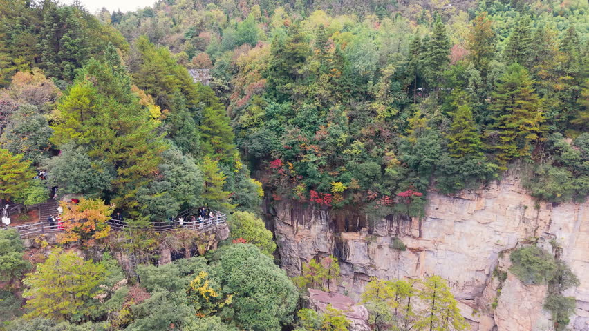 Towering sandstone pillars of Zhangjiajie(张家界) autumn aerial view, China