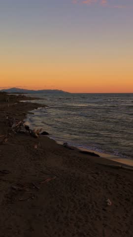 Orange evening sky above the pine trees and sandy beach driftwood tipis of Maremma Tuscany coast.
