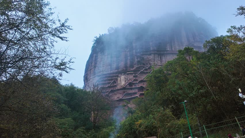 Ancient Site Of Buddhist Rock-cut Architecture At Maijishan Grottoes In Gansu Province, Northwest China. Low Wide Shot