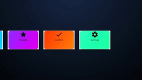 Colorful, sliding buttons for Start, Favorite, Confirm, and Settings appear on a dark blue background. Ideal for gaming, app demos, smart TV menus, or any interactive user experience design. - Powered by Shutterstock - Get 15% off with code: PIKWIZARD15
