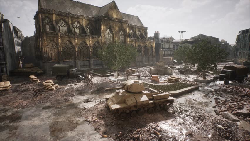 A photorealistic 3D CGI cinematic scene of a devastated Paris street during WWII. Features ruined buildings, rubble, and debris. Ideal for historical war films, game environments, and VFX backdrops.