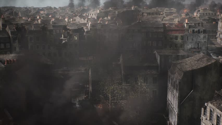 A photorealistic 3D CGI cinematic scene of a devastated Paris street during WWII. Features ruined buildings, rubble, and debris. Ideal for historical war films, game environments, and VFX backdrops.
