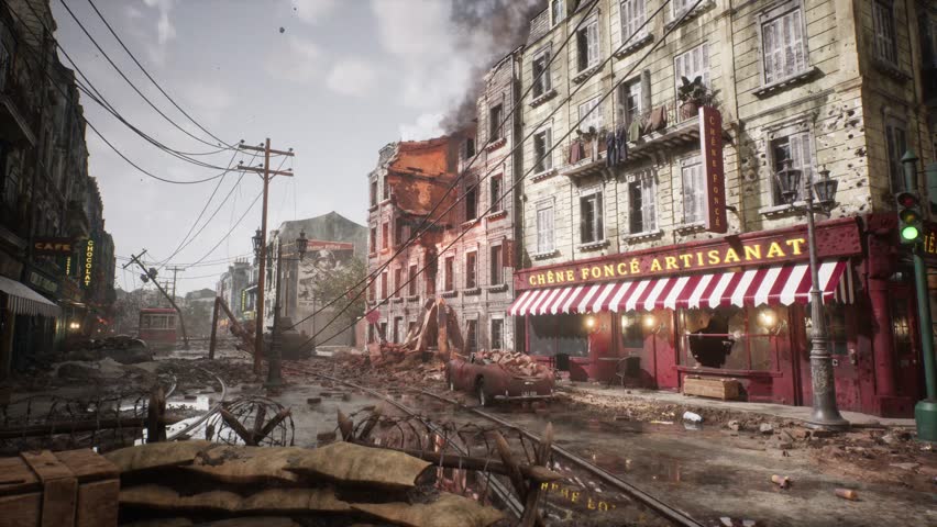 A photorealistic 3D CGI cinematic scene of a devastated Paris street during WWII. Features ruined buildings, rubble, and debris. Ideal for historical war films, game environments, and VFX backdrops.