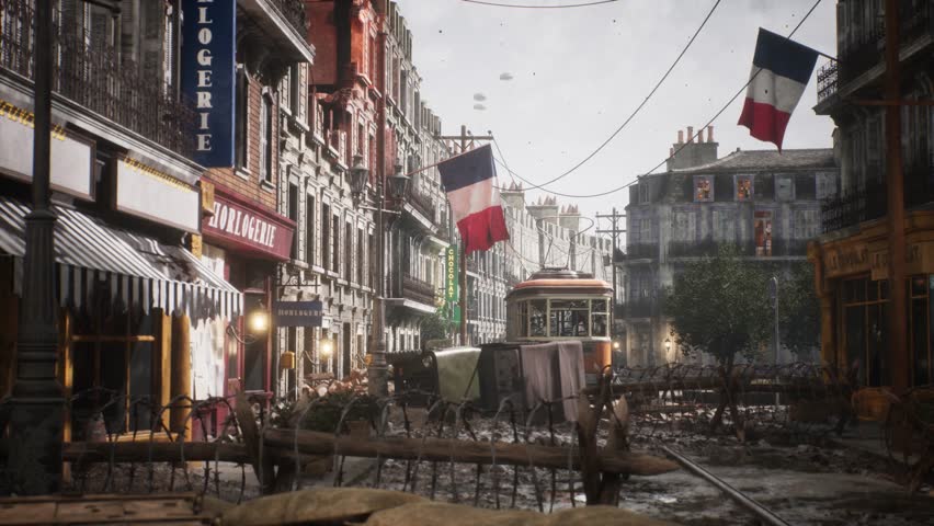 A photorealistic 3D CGI cinematic scene of a devastated Paris street during WWII. Features ruined buildings, rubble, and debris. Ideal for historical war films, game environments, and VFX backdrops.