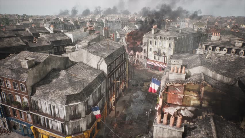 A photorealistic 3D CGI cinematic scene of a devastated Paris street during WWII. Features ruined buildings, rubble, and debris. Ideal for historical war films, game environments, and VFX backdrops.