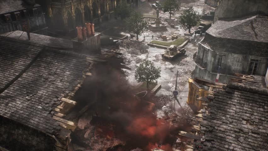 A photorealistic 3D CGI cinematic scene of a devastated Paris street during WWII. Features ruined buildings, rubble, and debris. Ideal for historical war films, game environments, and VFX backdrops.