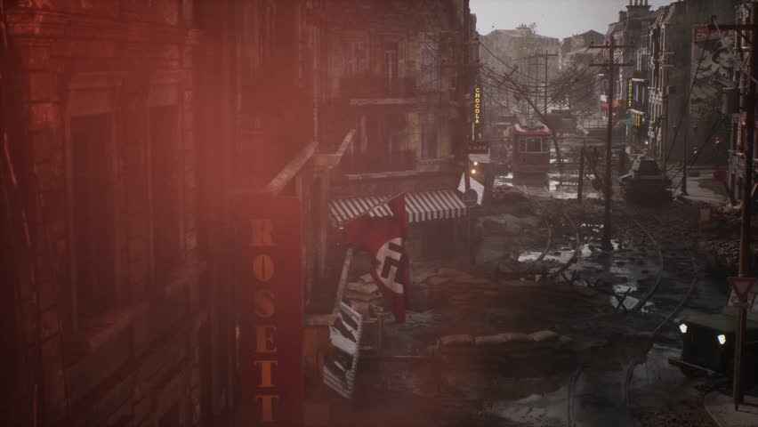 A photorealistic 3D CGI cinematic scene of a devastated Paris street during WWII. Features ruined buildings, rubble, and debris. Ideal for historical war films, game environments, and VFX backdrops.