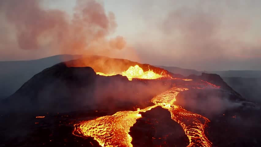 Aerial drone view of active volcano crater venting smoke and erupting glowing lava rivers. Geological disaster landscape at night.