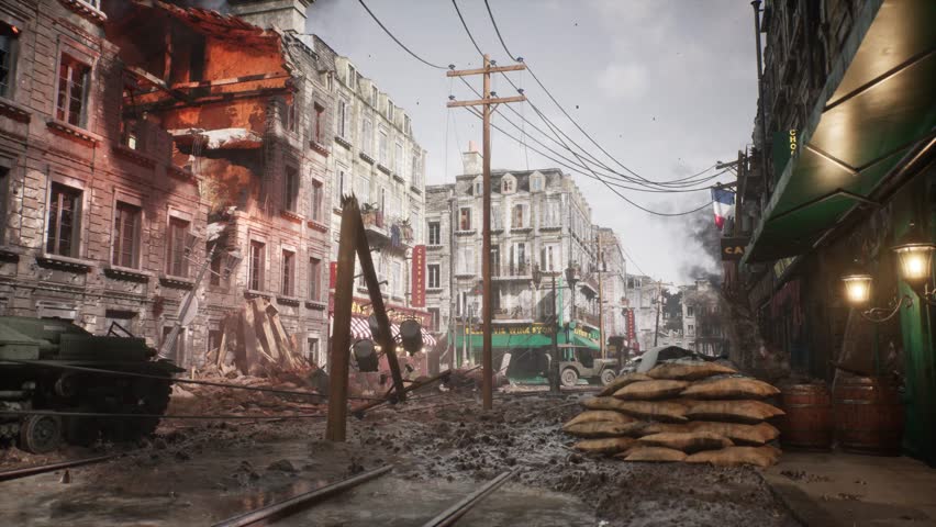 A photorealistic 3D CGI cinematic scene of a devastated Paris street during WWII. Features ruined buildings, rubble, and debris. Ideal for historical war films, game environments, and VFX backdrops.