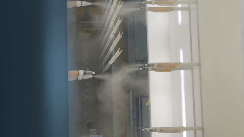 Industrial powder coating booth applying fine powder layers onto suspended metal components. Continuous automated finishing workflow.