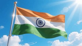Indian flag waving proudly against a clear, blue sky. The vibrant tricolor of saffron, white, and green symbolizes the spirit of India, evoking patriotism and national pride. - Powered by Shutterstock - Get 15% off with code: PIKWIZARD15