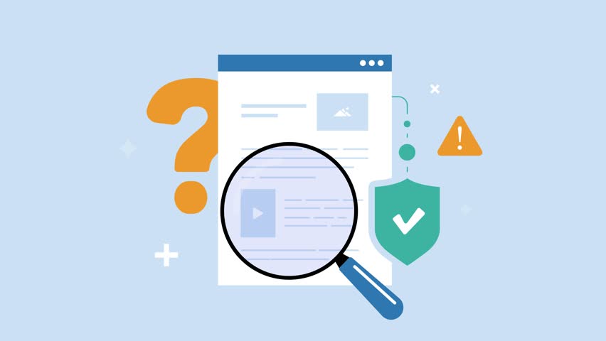 Fact checking tools for content misinformation and verification detection. Fact-check AI Generated Content, Fake news alert, trusted source validation dashboard 2D motion loopable graphic video clip