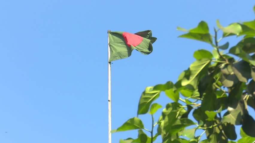 Iconic Bangladeshi national flag waving in Dhaka against a vivid blue sky and fresh green leaves on a windy day