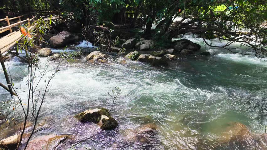 Superb view of summer: Slow motion of the fantastic Moot valley in Phong Nha National Park, Vietnam with the sound of a clear stream flowing through the peaceful tropical jungle