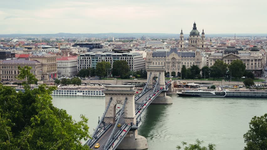 September 16, 2025 Budapest, Hungary, View from the hilly part of the city of Buda river Danube, to the Chain Bridge and the Gresham Palace.