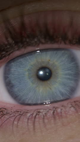 Beautiful blue female eye with long eyelashes is opening, crinkling at the corner smiling and looking at the camera, extreme close up shot.