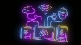 This neon illustration depicts a connected network of electronic devices against a black background. A laptop is centrally positioned, with two speakers on either side.  - Powered by Shutterstock - Get 15% off with code: PIKWIZARD15