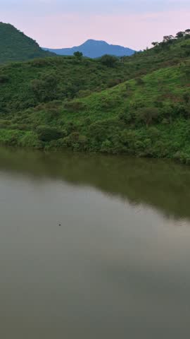 Presa EL Carrizo Reservoir Spillway In Jalisco, Mexico. - aerial vertical shot
