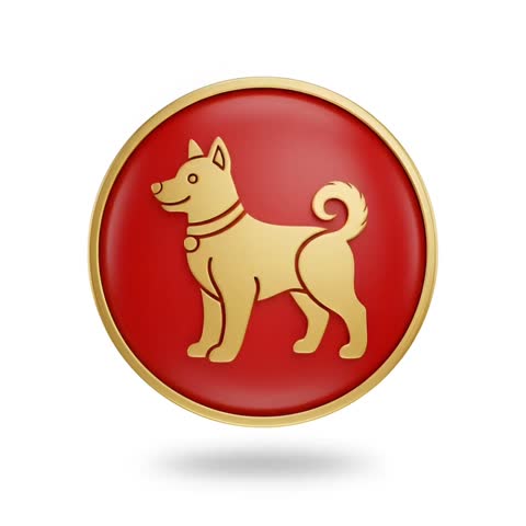Clean 3D animation of the Chinese zodiac dog icon on a red circular medallion, representing loyalty and strength.