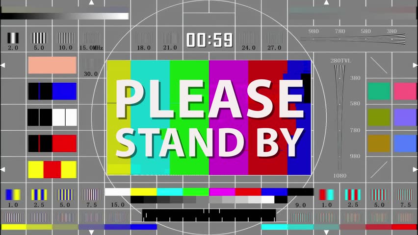 Broadcast Test Card With 59-Second Countdown For Technical Breaks. Color television test pattern with Please Stand By text and countdown timer from 00:59 to 00:00 seconds.